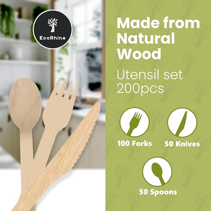 Wooden Cutlery Set Disposable - 200 PCS Wooden Compostable forks and Spoons with 100 Forks, 50 Spoons, and 50 Knives - Disposable Utensils Set for Outdoor, Party, Camping & More