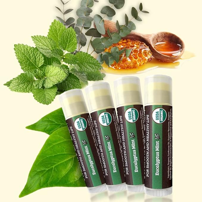 Earth's Daughter USDA Organic Lip Balm Stocking Stuffers 4-Pack Eucalyptus Mint Flavor - Beeswax, Coconut Oil, Vitamin E - Best Lip Repair Chapstick for Dry Cracked Lips.