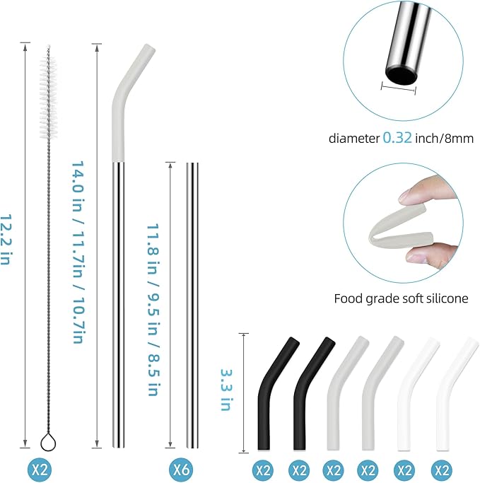 20 30 40 oz Stainless Metal Straws for Stanley Tumbler, 6Pcs Reusable Straight Long Steel Straws With 12 Silicone Tips and 2 Cleaning Brushes (3Color1, 20 30 40oz)