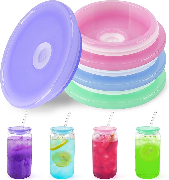 Joyclub 4 Pack Acrylic Lids for 16 oz /20 oz Glass Cups with Bamboo Lids and Straws Reusable Iced Coffee Cup Beer Can Drinking Glasses for Smoothie Whiskey Boba Soda Tea Gift (Candy Color)