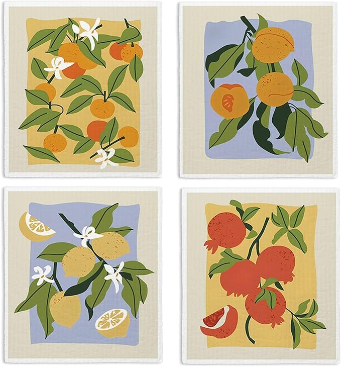 Swedish Dishcloths for Kitchen, Papaya Reusable Paper Towels Washable, Oranges Peach Lemon Colorful Swedish DishCloths for Friut, 4 Pack Dish Towels for Kitchen