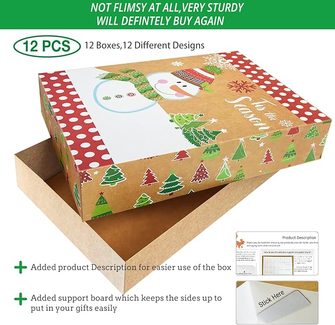 12 Kraft Christmas Gift Boxes with Lids for wrapping Large Clothes and 80 Foil Christmas Gift Stickers (Assorted size for wrapping Robes, Sweater, Coat, Shirts and Clothes xmas Holiday Present)