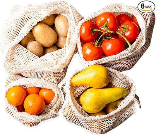 Reusable Produce Bags 6 Pack – 10"x18" Large Cotton Mesh Bags with Drawstring – Natural Storage for Vegetables, Fruit, Onions, Groceries & Shoes