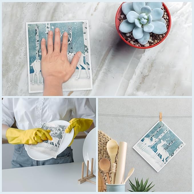 Christmas Swedish Dishcloths for Kitchen, Winter Xmas Reindeer Blue Kitchen Dish Towels for Washing Dishes, 4 Pack Reusable Paper Towels, Sponge Cloths for Home Party Housewarming Cleaning