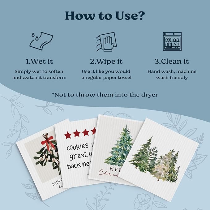 Swedish Dishcloths for Kitchen, Christmas Xmas Tree Winter Kitchen Dish Towels for Washing Dishes, 4 Pack Reusable Paper Towels, Sponge Cloths for Holiday Home Cleaning Baking Cooking