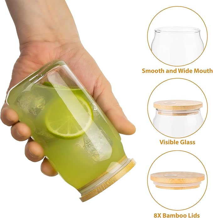 Glass Cups with Lids and Straws, 16 Oz - Set of 8 Reusable Iced Cold Coffee Tumblers - Clear Glass Bottle for Water with Bamboo Lids