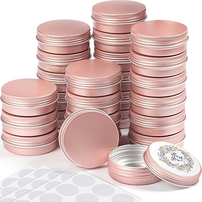 Patelai 72 Pcs 2 oz Aluminum Tins Salve Containers with Screw Lid and Labels Round Cans Travel Cosmetic Metal Tins Jar for Candles Lotion Bars Balms Food Spice Candies DIY Crafts(Rose Gold)