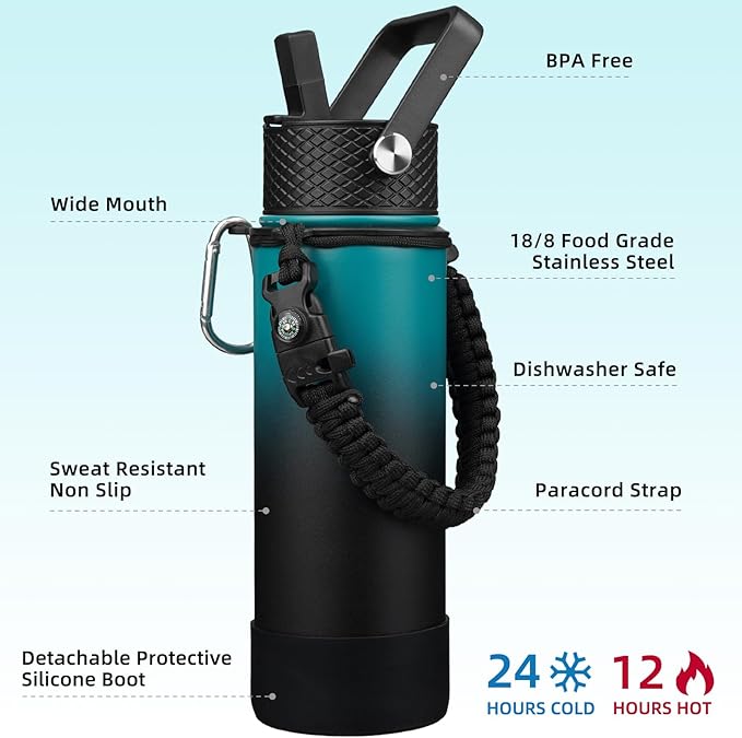 BJPKPK Insulated Water Bottle with Straw Lid, 22oz Thermal Flasks Water Bottles with 3 Lids, Paracord Handle & Non-slip Boot, BPA Free Leak Proof Stainless Steel Tumblers,Army Green & Black