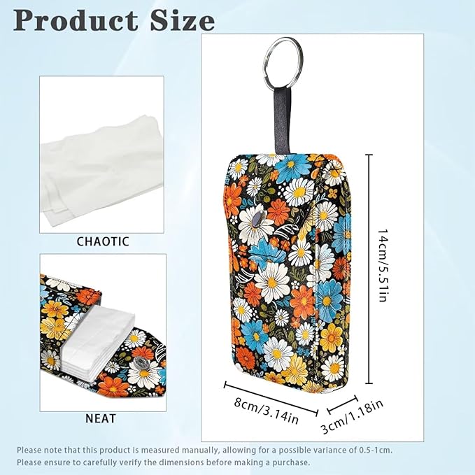 Hippie Flower Travel Tissue Holder Portable Tissue Holder for Purse Coin Keys Snap Button Enclosed Purse Size Tissues Packs for Travel Daily Outgoing