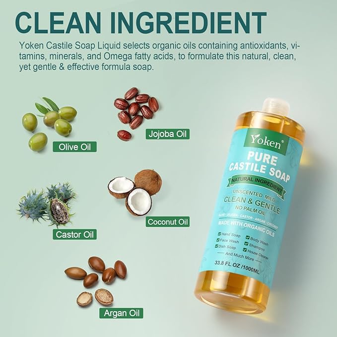 EWG Verified Castile Soap Liquid Unscented 33.8 fl oz Pure Castile Liquid Cleanser Made With Organic Oil, Clean & Gentle, Natural Castor Oil Soap for Body Wash, Hand, Dishes, Laundry