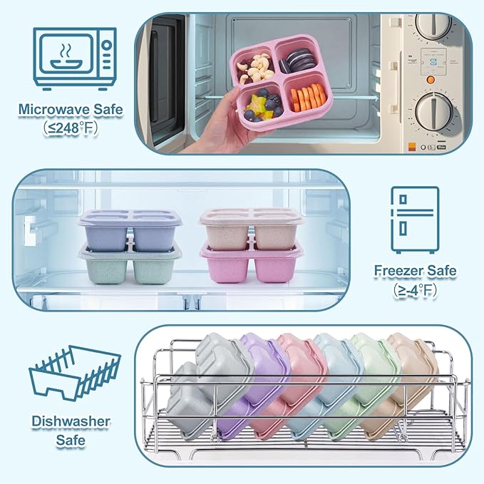 4 Pack Snack Containers, 4 Compartments Snackle Box Container, Meal Prep Reusable Lunchable Container, Microwave Dishwasher Safe, Food Storage Containers for Work Travel (Pink)