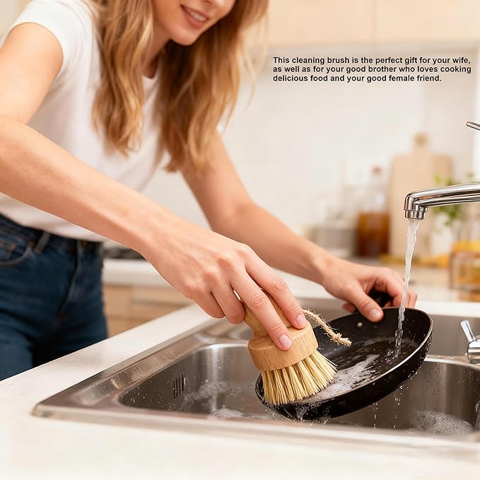 Bamboo Dish Brush 1-Pack - Natural Wood Dish Scrub Brush with Sisal Bristles for Cleaning Pots Pans and Sink - Eco-Friendly Kitchen Scrubber