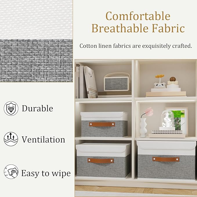 OUTBROS Large Fabric Storage Box with Lid, Collapsible Wardrobe Organiser, Cubes For Towels, Clothes, 13 x 9.1 x 7.9 inch (White/Grey, 4-Pack)