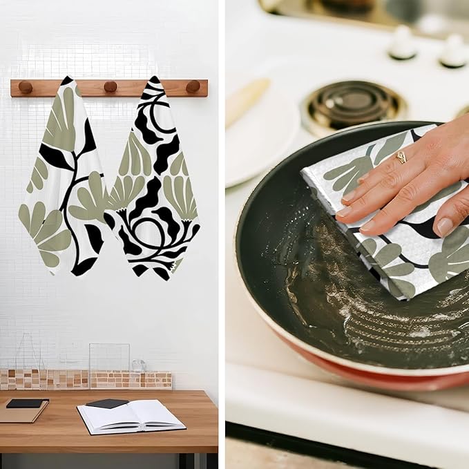 2Pcs Abstract Floral Kitchen Towels 24x14 Inch, Boho Style Sage Green Flower Hand Towels for Kitchen Home Decor, Absorbent Microfiber Dish Cloth Tea Towel, Housewarming Gifts for Women Mom Grandma