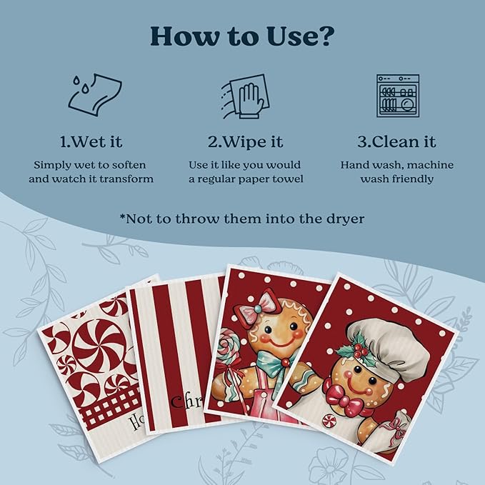 Swedish Dishcloths for Kitchen, Christmas Xmas Gingerbread Red Kitchen Dish Towels for Washing Dishes, 4 Pack Reusable Paper Towels, Sponge Cloths for Winter Home Cleaning Cooking Baking