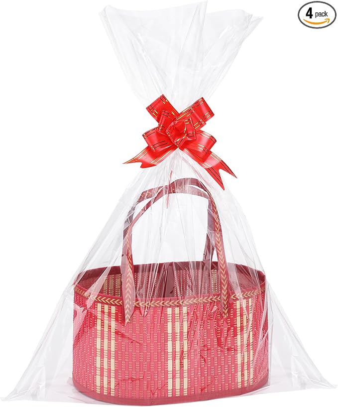 MADHOLLY 4Set Large Bamboo Christmas Baskets for Gifts Empty - 6"x7.5"x11.4" Sturdy Easy to Setup Gift Basket with 4 Clear Bags and Bows, for Thanksgiving, Housewarming Party Gift Wrapping