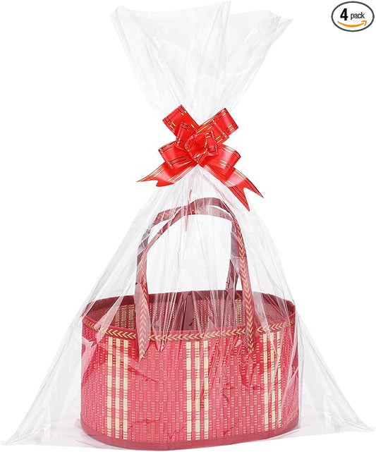 MADHOLLY 4Set Large Bamboo Christmas Baskets for Gifts Empty - 6"x7.5"x11.4" Sturdy Easy to Setup Gift Basket with 4 Clear Bags and Bows, for Thanksgiving, Housewarming Party Gift Wrapping