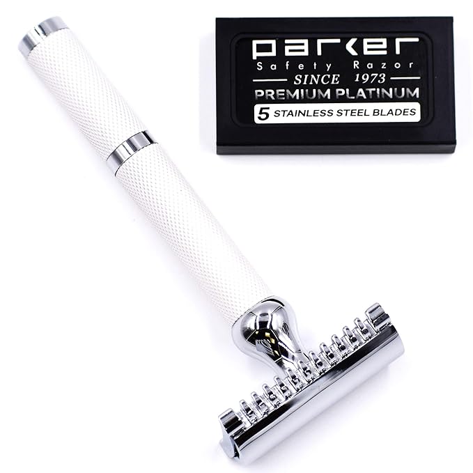 Parker Open Comb Double Edge Safety Razor – Heavyweight Chrome Handle for Closer Shaves – Includes 5 Razor Blades – Ideal for Men or Woman (Bright White)