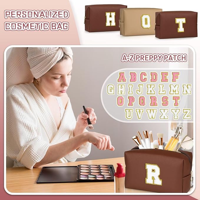 TOPEAST Initial Cosmetic Bag for Women, Preppy Small Makeup Bag, PU Leather Waterproof Toiletry Bag, Monogrammed Birthday Gifts for Women, Stuff for girls (Brown S)