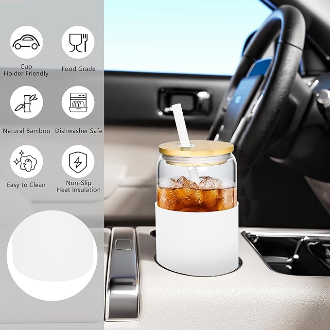 20oz Drinking Glasses Cups Set of 4 Beer Can Shaped Drinking Glasses with Silicone Protective Sleeve Straw Bamboo Lid Iced Coffee for Coffee Smoothie Boba Tea(White*4)