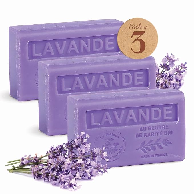 Hand & Body Soap Bars Trio - Lavender Moisturizing French Soap with Organic Shea Butter - Rich Creamy Lather - 97% Natural Ingredients - Solid Bath Cleanser Made in Provence - 3x4.4 oz