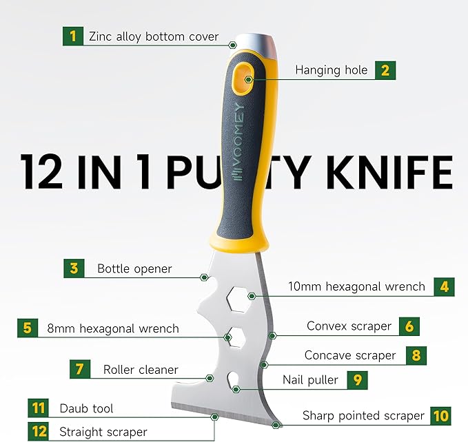 VOOMEY 12-in-1 putty knife, paint scraper tool, stainless steel paint scraper,3 Pack, three color rubber covered handle,metal scraper used for cleaning paint rollers, removing wall cracks,etc