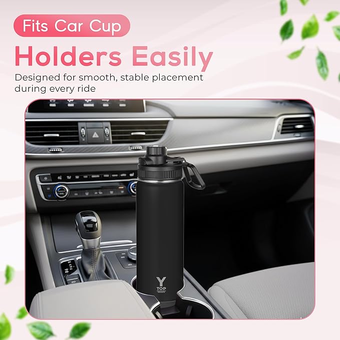 Y TOP 18 oz Insulated Water Bottle Cup Holder Friendly, Leak Proof Spout Lid, Double Wall Insulation, Dishwasher Safe, Easy Clean Stainless Steel Water Bottle for Gym Kids Sports Travel School Hiking