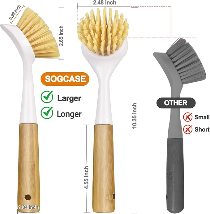 Dish Brush Set with Bamboo Handle, Kitchen Brushes for Cleaning Pot, Sink and Stove, Skillet Scrubber with Tough Bristles for Cast Iron Grill Pan, 2 Pack