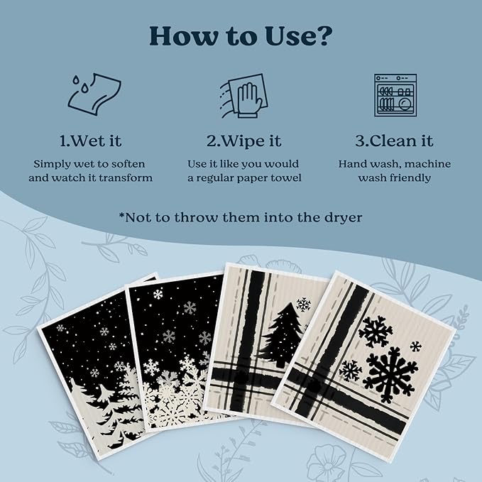 Christmas Swedish Dishcloths for Kitchen, Winter Xmas Tree Snowflake Kitchen Dish Towels for Washing Dishes, 4 Pack Reusable Paper Towels, Sponge Cloths for Home Party Housewarming Cleaning
