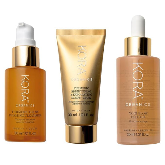 KORA Organics Best Sellers Trio, Gift Set with Noni Glow Face Oil, Turmeric Brightening & Exfoliating Mask and Foaming Cleanser (3 Items)