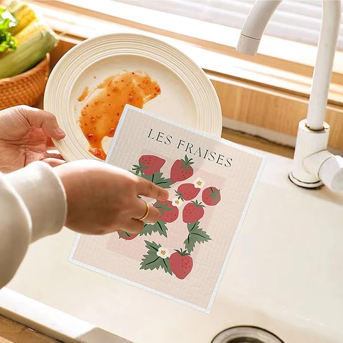 Swedish Dishcloths for Kitchen, Pink Strawberries Peach Citrons Oranges Swedish DishCloths for Friut, 4 Pack Dish Towels for Kitchen, Papaya Reusable Paper Towels Washable
