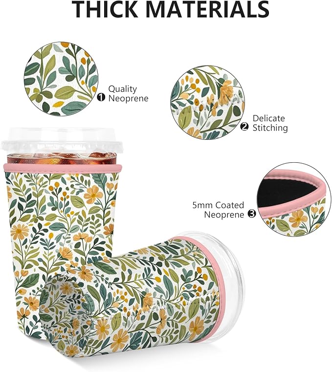 Iced Coffee Sleeve, Reusable Insulated Neoprene Cup Sleeve for Cold & Hot Drinks Beverages, Cup Holder for 32oz Coffee Cups,Abstract Leaf