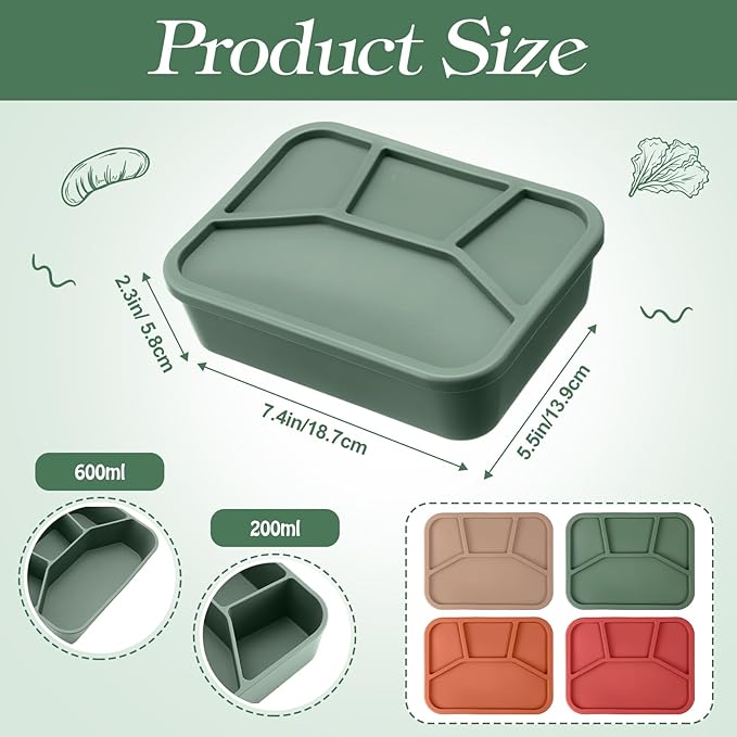 Honeydak 4 Pcs Silicone Bento Box Reusable Lunch Container 4 Compartment Snack Boxes with Lid Smooth LeakProof Rectangle Food Boxes for Adult Work Travel Food Storage (Simple Color)