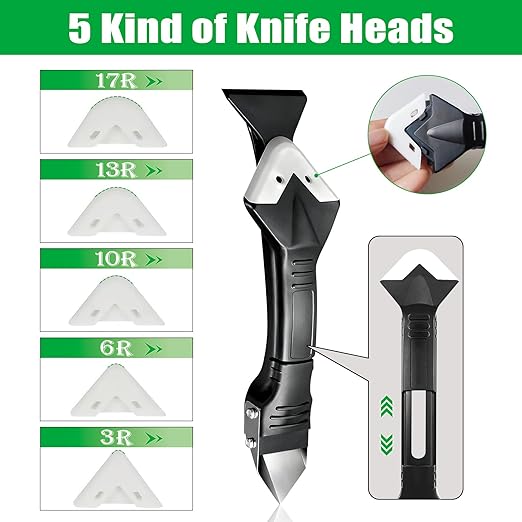 3 in 1 Silicone Caulking Tools, 10 Pack, Grout Removal Sealant Finishing Tool with Scraper(Stainless Steelhead), 5 Exchange Silicone Pads, Ideal for Kitchen, Bathroom, Tub Tile, Window Sealing