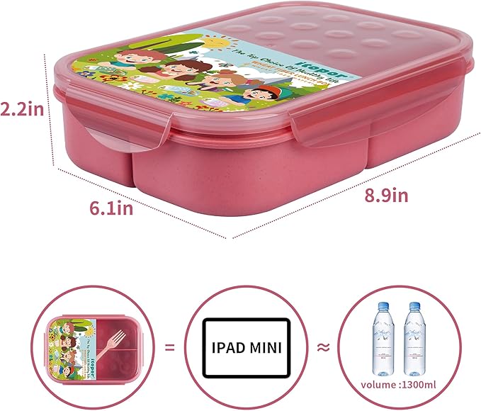 Wheat Straw Lunch Box - Leakproof Bento Box for Kids & Adults, BPA-Free 3-Compartment Food Containers, Microwave & Dishwasher Safe (Muted Red, 5.5 Cup)