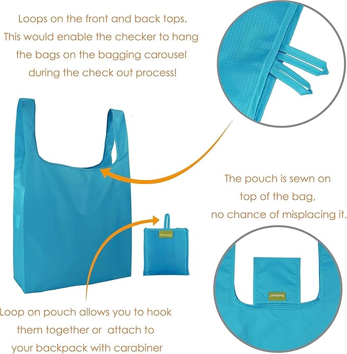 BeeGreen Light Blue Reusable Shopping Bags Wholesale Reusable Grocery Bags Bulk with Elastic Band Foldable-Machine Washable with Zipper Storage Pouch 20 Pieces