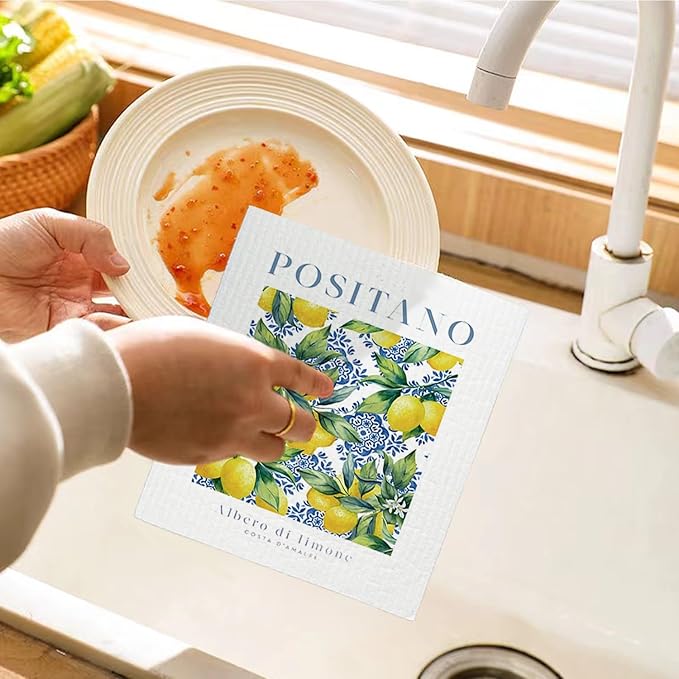 Swedish Dishcloths for Kitchen, Papaya Reusable Paper Towels Washable, Vintage Floral Summer Lemon Swedish DishCloths for Friut, 4 Pcs Dish Towels for Kitchen, No Odor Cleaning Cloths