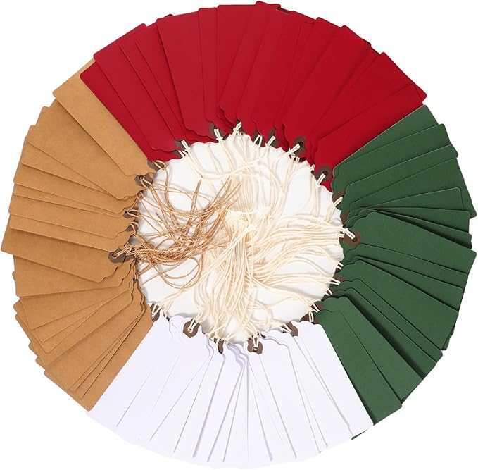 Outus 60 Pcs 4 3/4-in x 2 3/8-in Blank Large Paper Gift Tags with String and Reinforced Eyelet Wire Writable Price Tags Shipping Labels Inventory Labels (Christmas Colors)