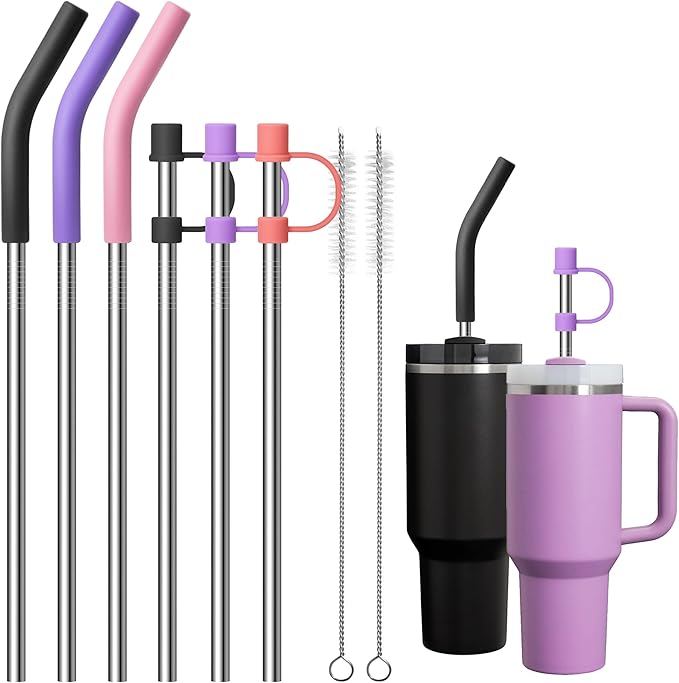 Stainless Steel Straws for 40oz Tumblers, Metal Straws Reusable with Silicone Tips for Stanley 40oz Cup,Simple Modern 40 oz Tumbler, Brush