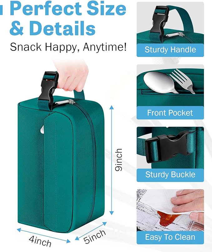 Small Insulated Snack Bag Lunch Box,Collapsible Reusable Small Lunch Bag with Snap Buckle Handle for Beach Travel Picnic,Peacock Green 5-Can(3L)