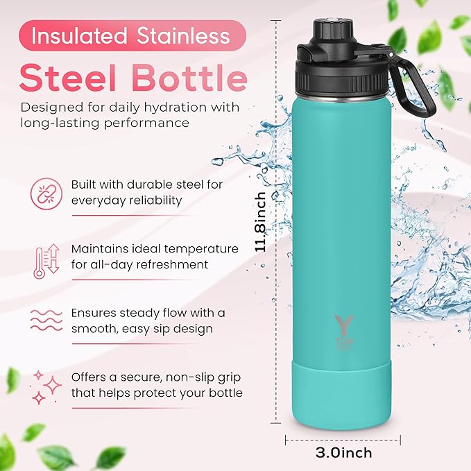 Y TOP 24oz Insulated Water Bottle Cup Holder Friendly, Leak Proof Spout Lid, Double Wall Insulation, Dishwasher Safe, Easy Clean Stainless Steel Water Bottle for Gym Kids Sports Travel School Hiking