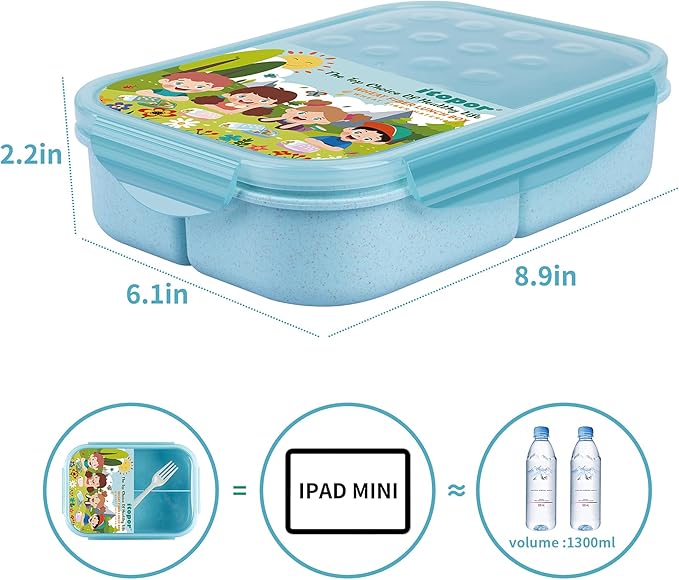 Wheat Straw Lunch Box - Leakproof Bento Box for Kids & Adults, BPA-Free 3-Compartment Food Containers, Microwave & Dishwasher Safe (Blue, 5.5 Cup)