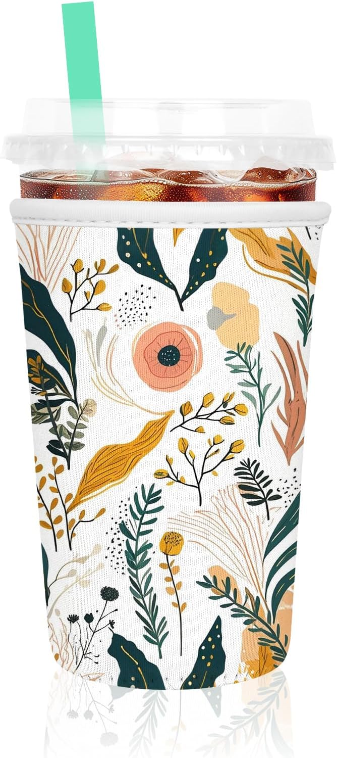 Iced Coffee Sleeve, Reusable Insulated Neoprene Cup Sleeve for Cold & Hot Drinks Beverages, Cup Holder for 22-24oz Coffee Cups, Beautiful Flowers