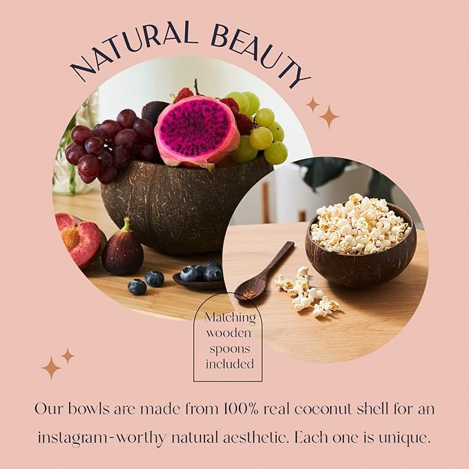 Coconut Bowl Set with Wooden Spoons –White Elephant Gifts For Adults, Christmas Gifts. Eco-Friendly Acai Bowls, Yogurt Bowls & Smoothie Bowl – Ideal for Ninja Creami (2, Jumbo Polished)