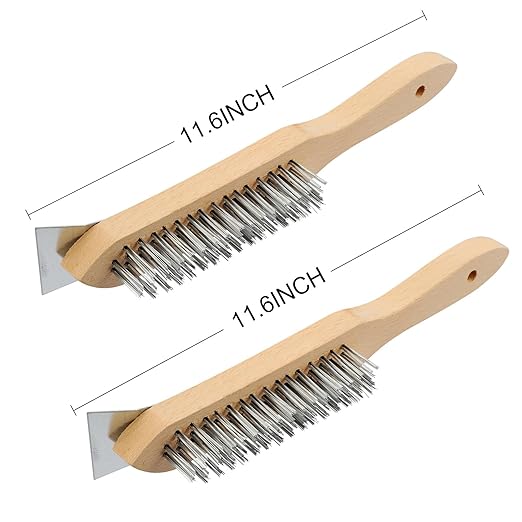 MAXMAN Stainless Steel Wire Scratch Brush, 12 Inch Wooden Handle Wire Brush with Metal Scraper, Heavy Duty Wire Brushes for Cleaning Rust, Paint Scrubbing, Dust and Other Hard Surfaces 2 Pieces