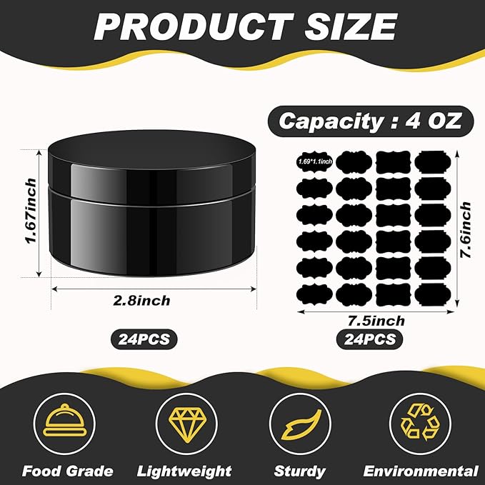 Dandat 24 Pcs 4 oz Plastic Jar Container with Lid and Label Refillable Empty Round Black PET Cosmetic Sample Containers for Lotion, Cream, Ointments, Body Butter, Makeup, Travel Storage