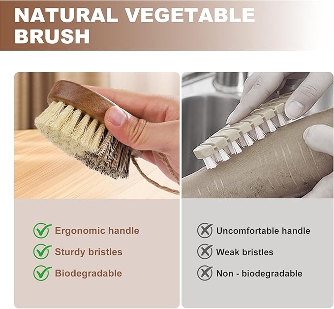 2 Pack Wooden Vegetable Brush Scrubber for Food - Dual Bristle Potato Brush Scrubber with Hanging Rope | Natural Compostable Kitchen Vegetable Scrubber for Potatoes, Carrots, Fruits