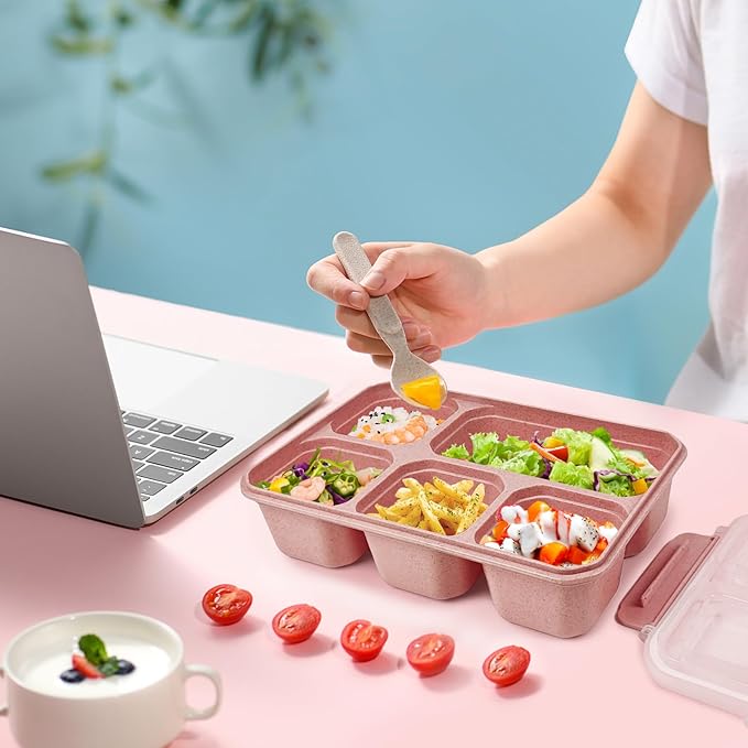 greenandlife 4 Pack Bento Lunch Box Set for Kids Adults, 5 Compartment Reusable Wheat Straw Meal Prep Food Storage Snack Containers, Microwave and Dishwasher Safe, INS