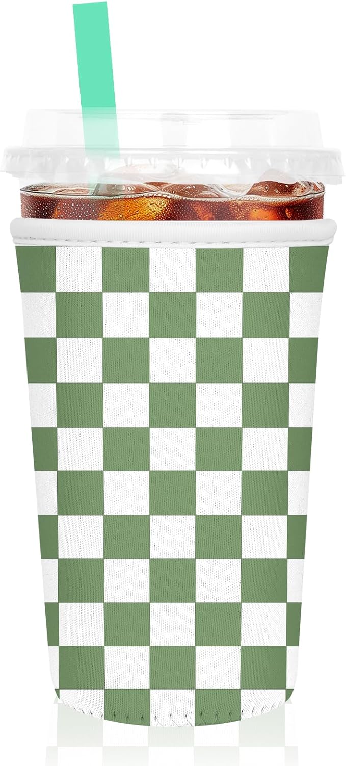 Iced Coffee Sleeve, Reusable Insulated Neoprene Cup Sleeve for Cold & Hot Drinks Beverages, Cup Holder for 32oz Coffee Cups, Green Plaid