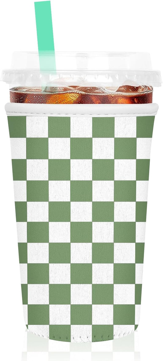 Iced Coffee Sleeve, Reusable Insulated Neoprene Cup Sleeve for Cold & Hot Drinks Beverages, Cup Holder for 32oz Coffee Cups, Green Plaid